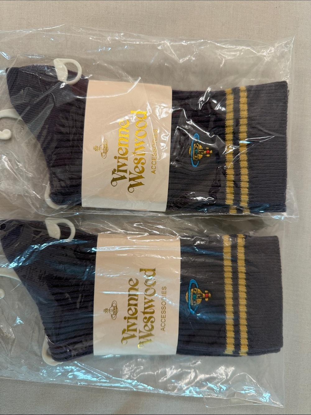 Vivienne Westwood dark purple Socks with Yellow Stripes and Orb Embroidery